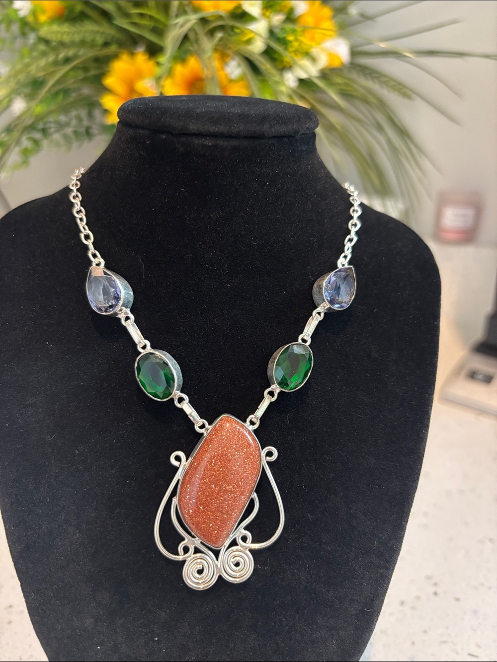 Sterling Silver Goldstone Green Quartz Gemstone Link Necklace